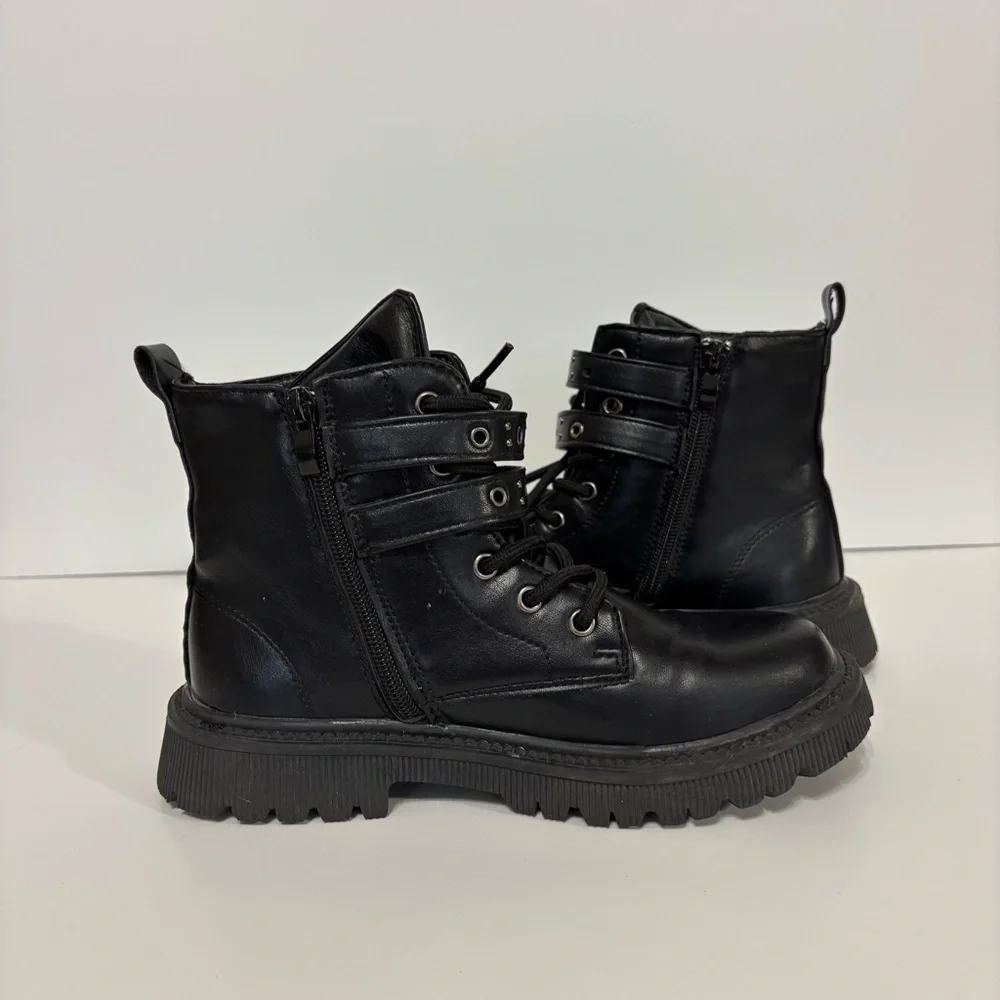 Women's Black Leather Combat Boots with Studded Straps